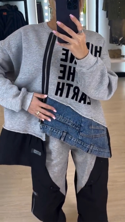 Women Round Neck Printed Letter Stitching Denim Zipper Casual Suit