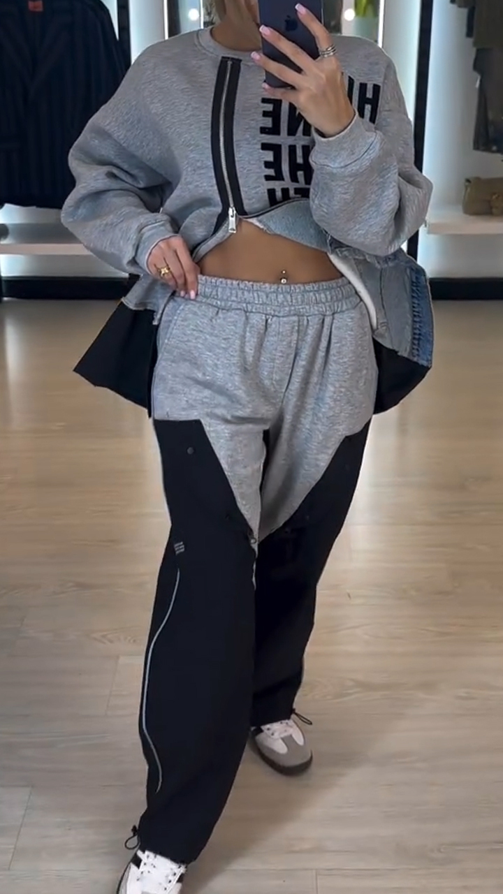 Women Round Neck Printed Letter Stitching Denim Zipper Casual Suit