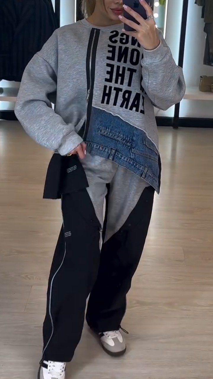 Women Round Neck Printed Letter Stitching Denim Zipper Casual Suit