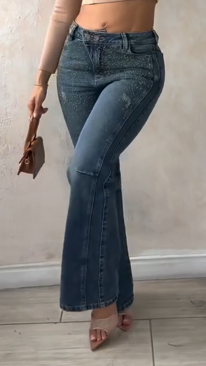 Ladies Rhinestone Washed Casual Jeans