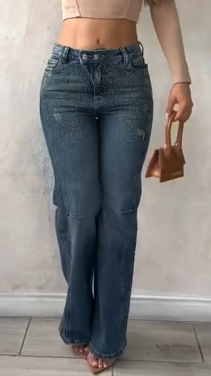 Ladies Rhinestone Washed Casual Jeans