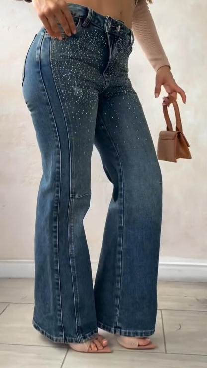 Ladies Rhinestone Washed Casual Jeans