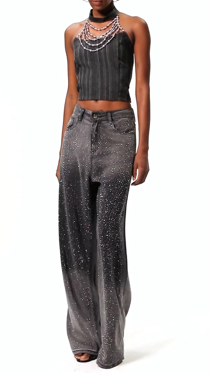 Women High Waist Rhinestone Washed Casual Jeans