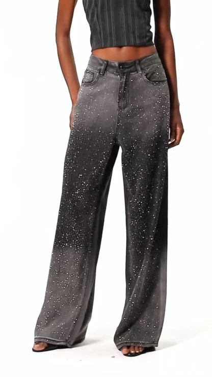 Women High Waist Rhinestone Washed Casual Jeans
