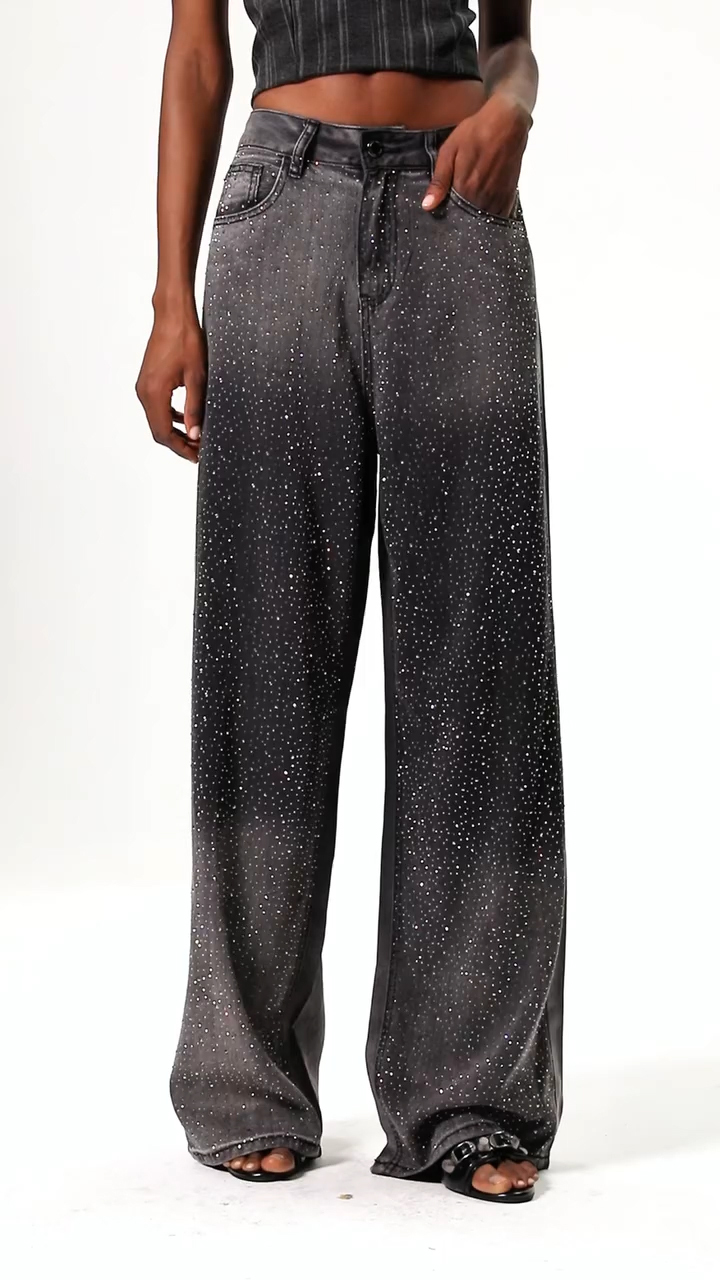 Women High Waist Rhinestone Washed Casual Jeans