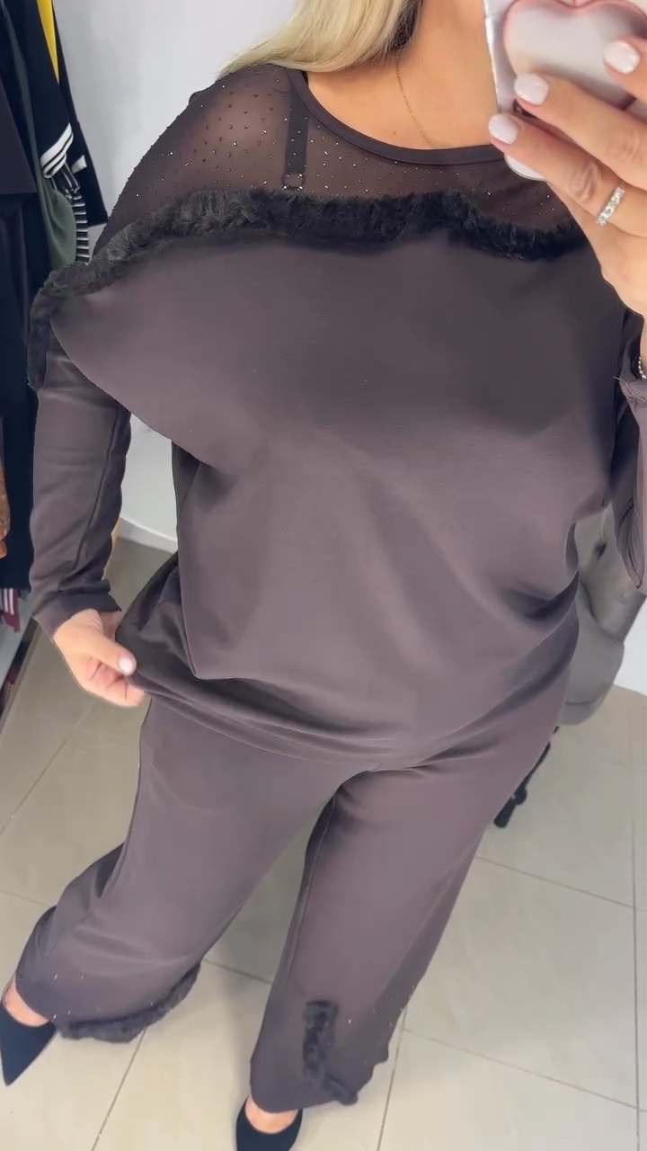 Women Round Neck Hotfix Rhinestone Patchwork Top + Pants Casual Suit