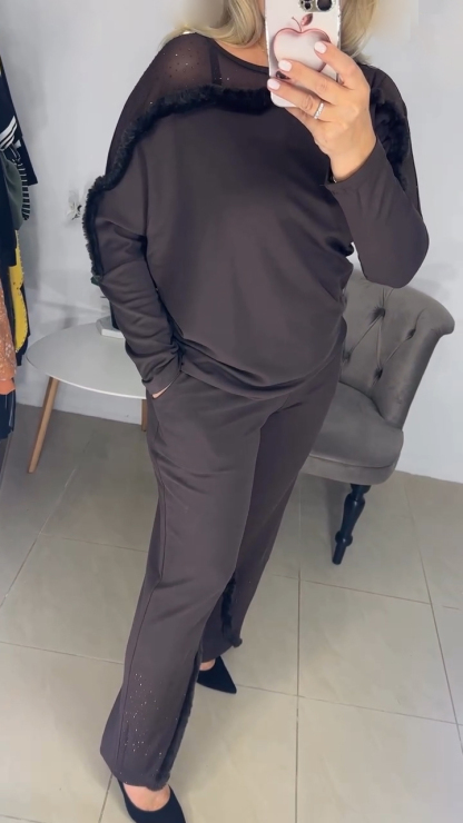 Women Round Neck Hotfix Rhinestone Patchwork Top + Pants Casual Suit