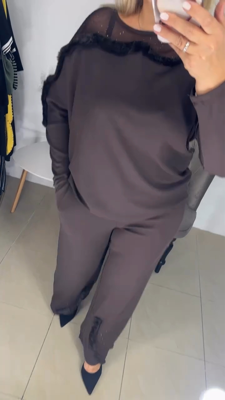 Women Round Neck Hotfix Rhinestone Patchwork Top + Pants Casual Suit