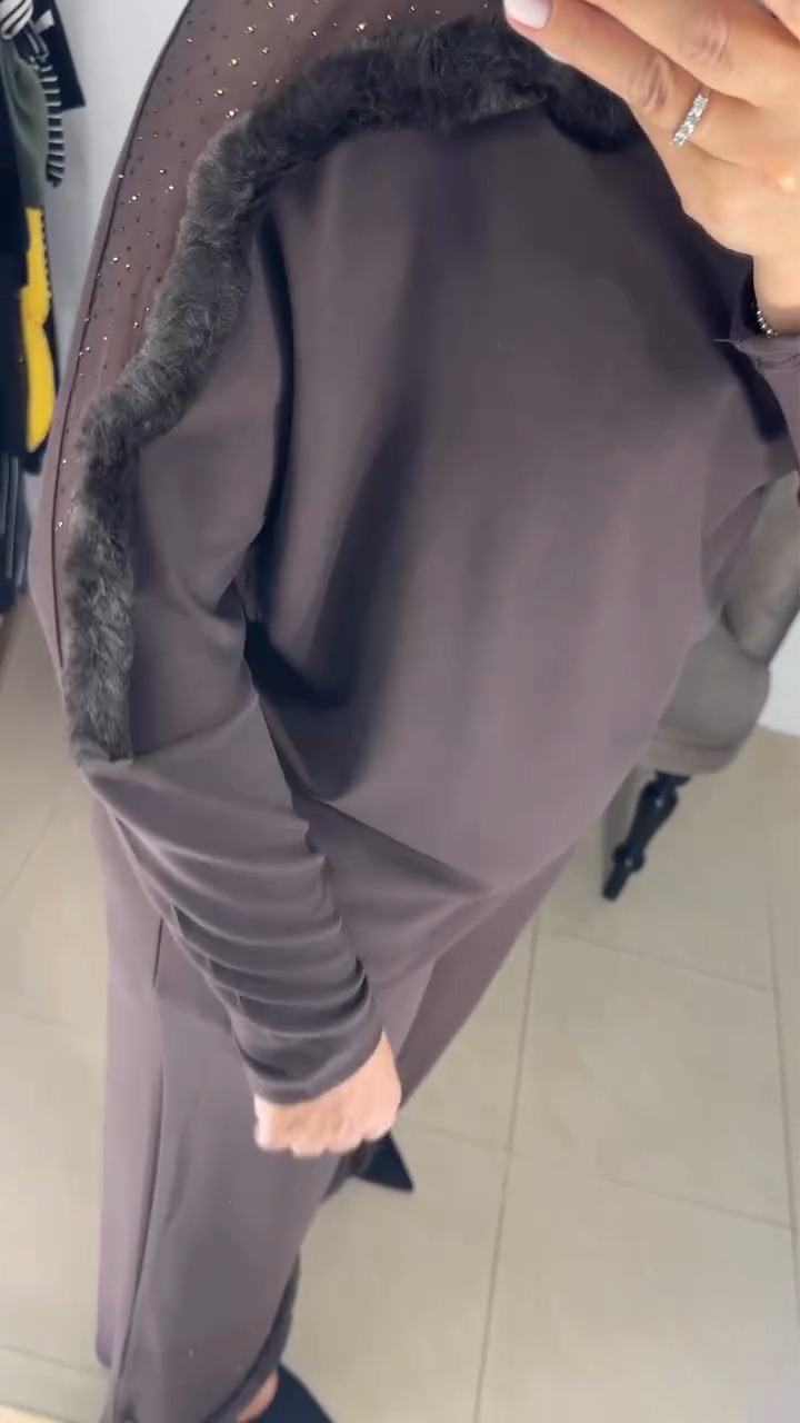 Women Round Neck Hotfix Rhinestone Patchwork Top + Pants Casual Suit