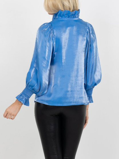 Women's Lapel Stand Collar Pleated Glossy Casual Top