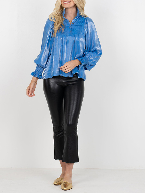 Women's Lapel Stand Collar Pleated Glossy Casual Top