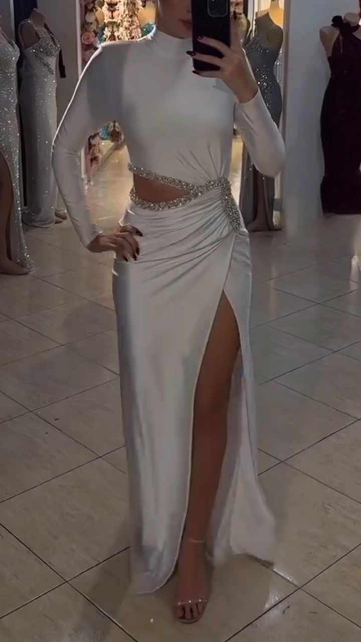 Women Round Neck Hollow Out Rhinestone Slit Elegant Temperament Dinner Party Dress