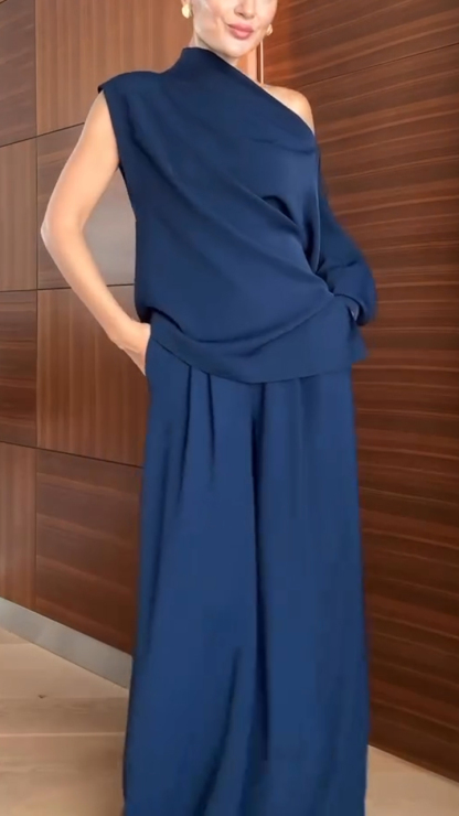 Ladies Oblique Neck Solid Color Casual Suit with Temperament