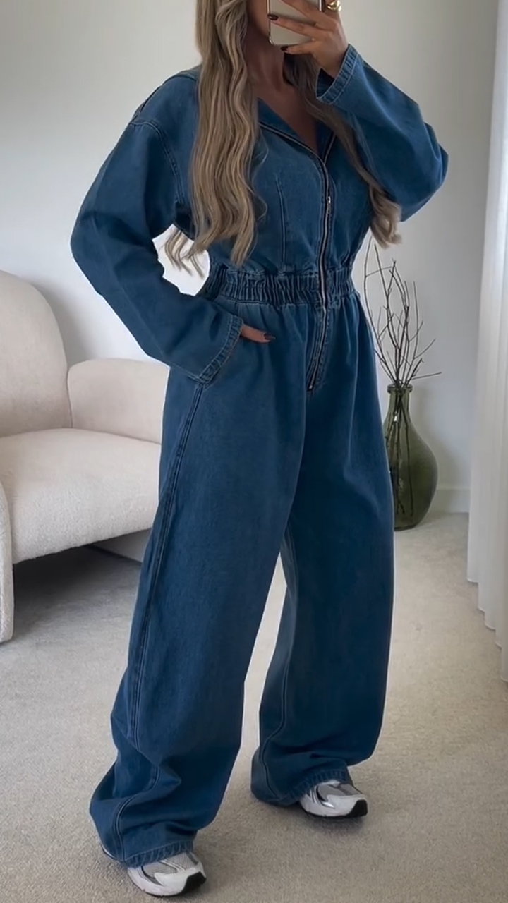 Women Collared Hooded Patchwork Zipper Casual Denim Jumpsuit
