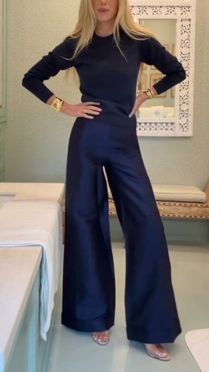 Women Round Neck Knit Top + Pants Temperament Casual Set