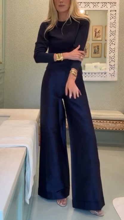 Women Round Neck Knit Top + Pants Temperament Casual Set