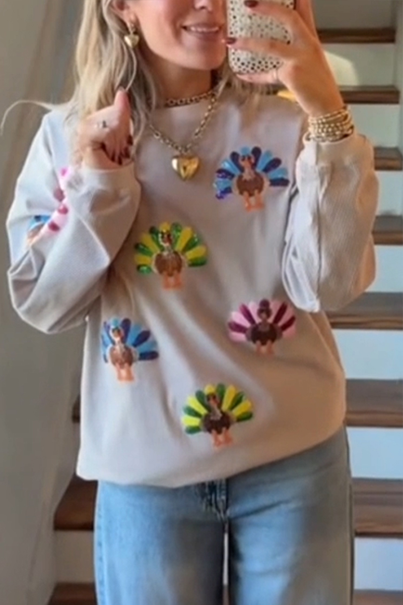 Women Round Neck Thanksgiving Element Turkey Thread Casual Sweatshirt