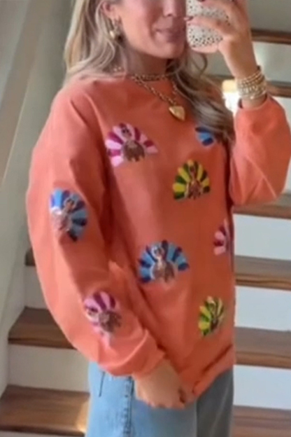 Women Round Neck Thanksgiving Element Turkey Thread Casual Sweatshirt