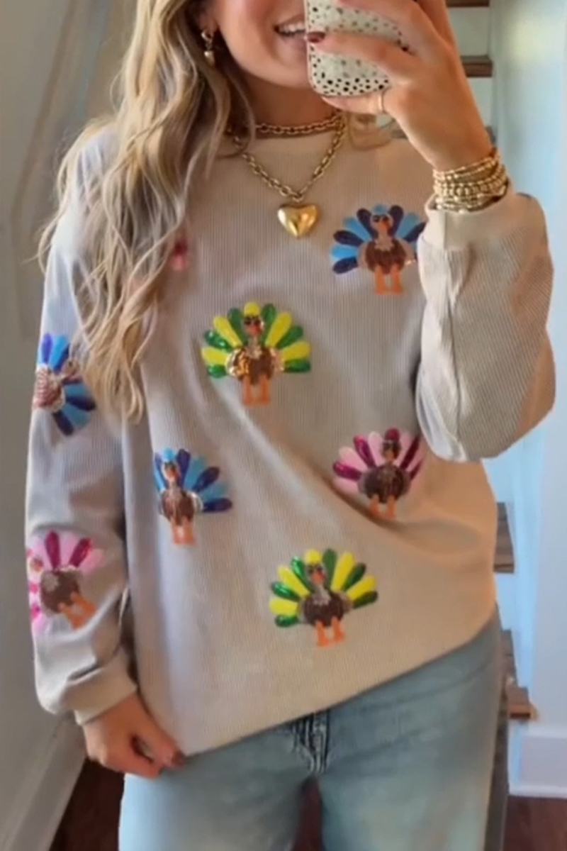 Women Round Neck Thanksgiving Element Turkey Thread Casual Sweatshirt