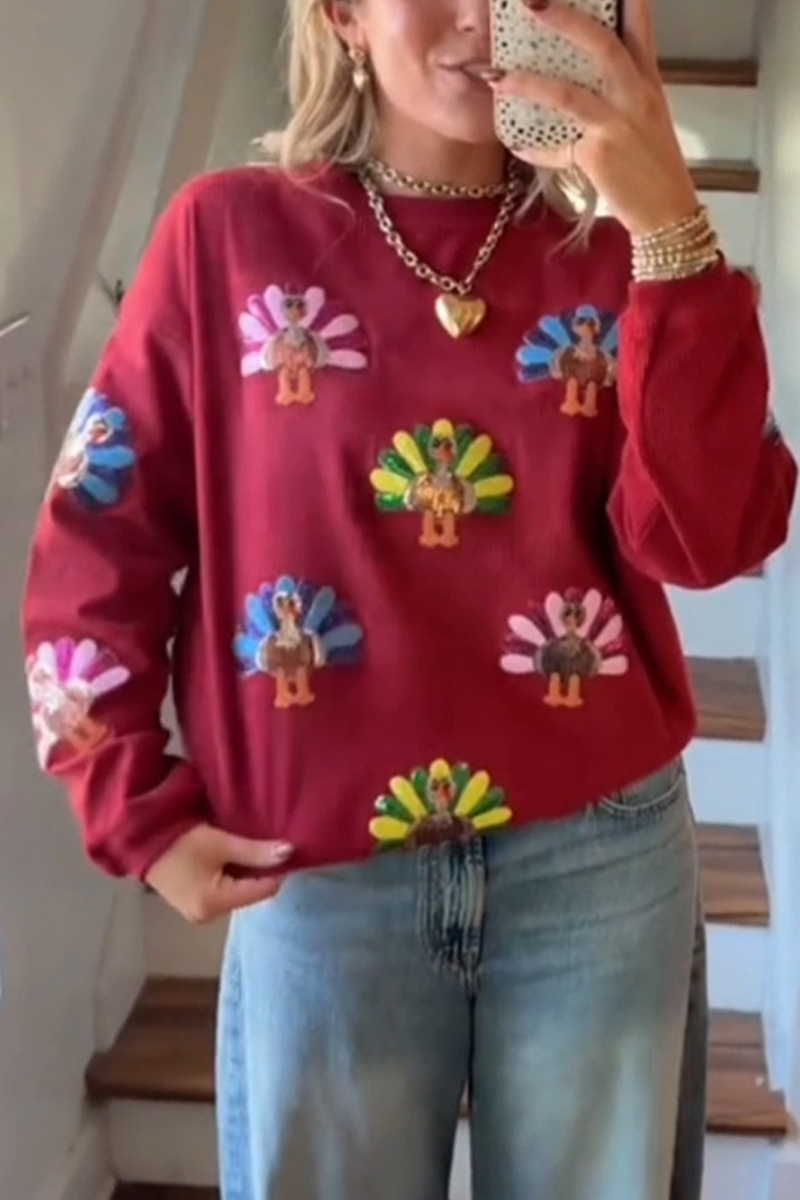 Women Round Neck Thanksgiving Element Turkey Thread Casual Sweatshirt