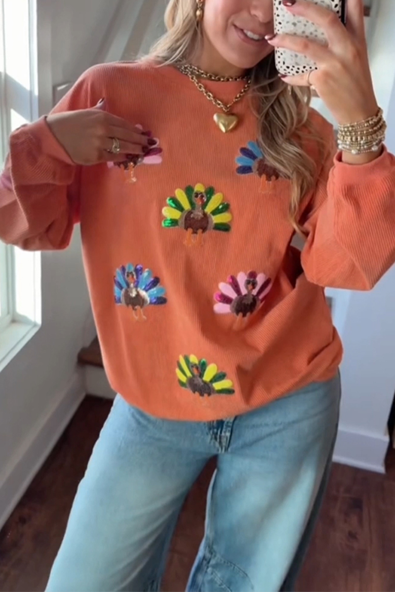 Women Round Neck Thanksgiving Element Turkey Thread Casual Sweatshirt