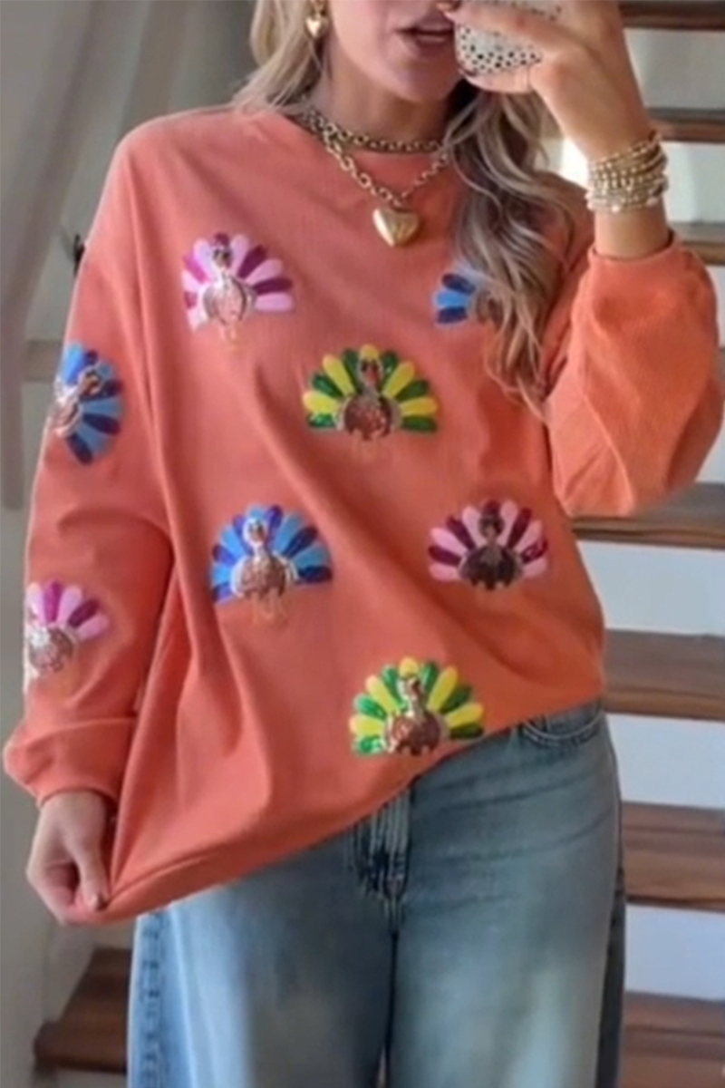 Women Round Neck Thanksgiving Element Turkey Thread Casual Sweatshirt