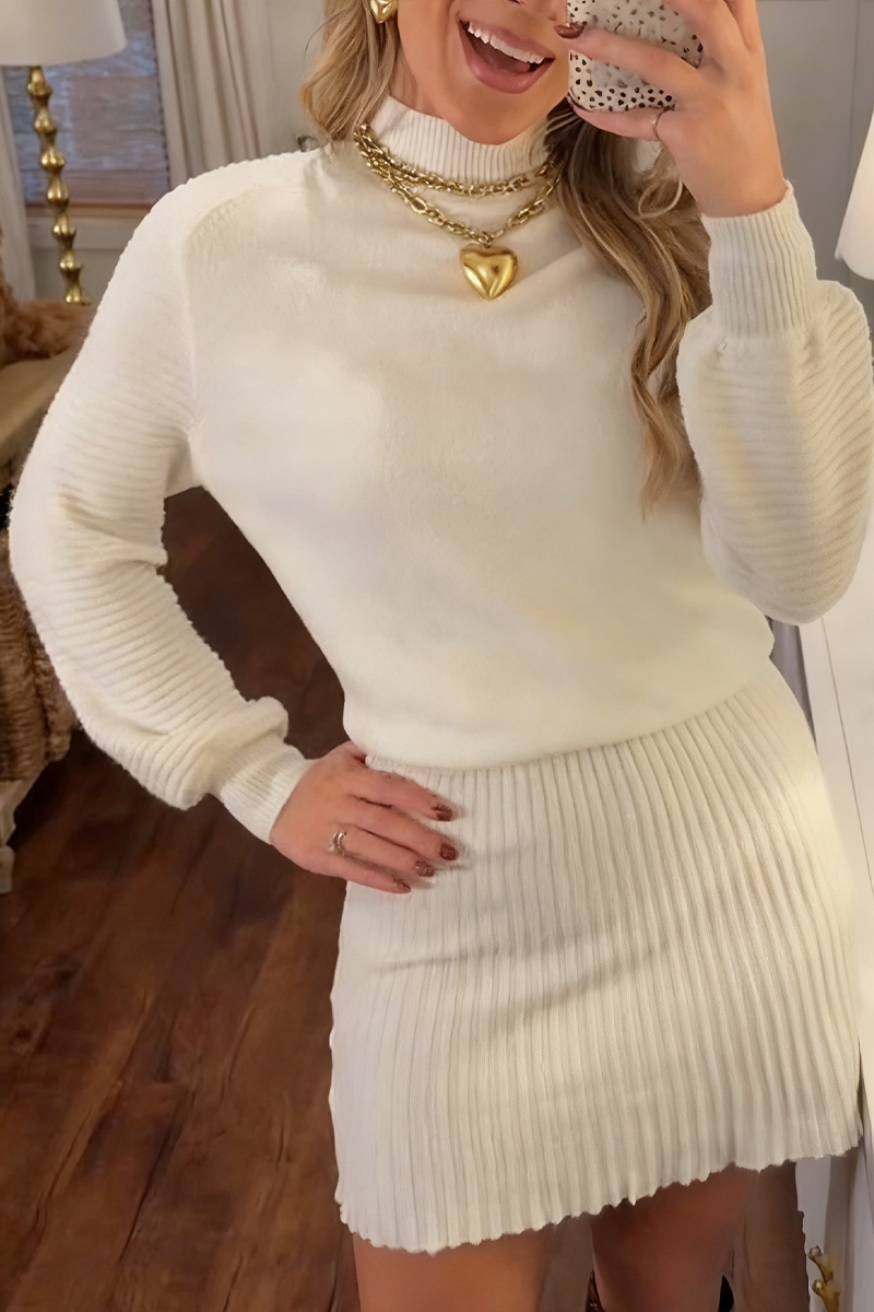 Ladies Round Neck Knitted Top+ Pleated Skirt Casual Set