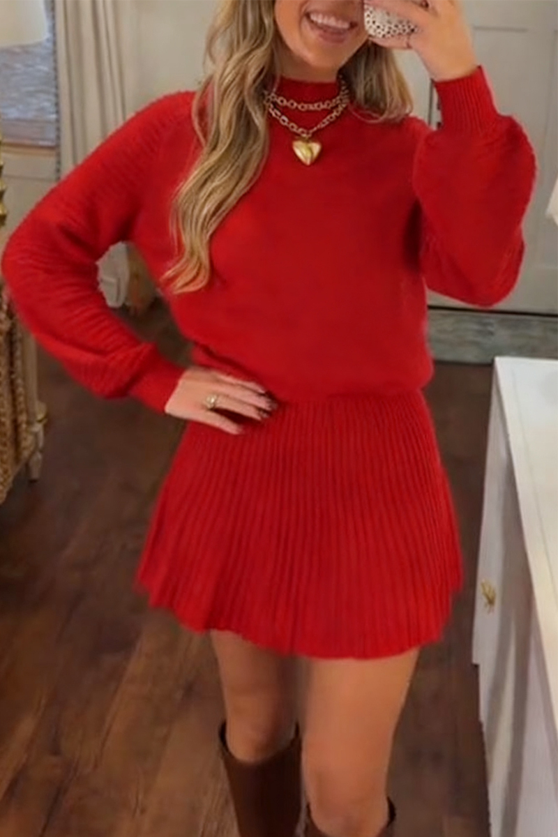 Ladies Round Neck Knitted Top+ Pleated Skirt Casual Set