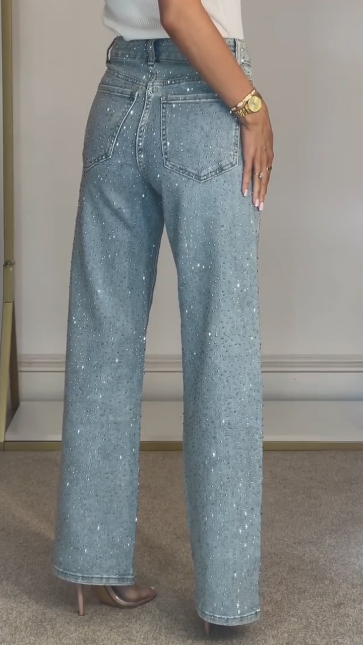 Ladies High Waisted Diamond Hot Stamping and Sparkling Casual Jeans