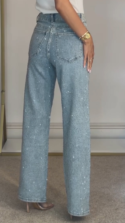 Ladies High Waisted Diamond Hot Stamping and Sparkling Casual Jeans