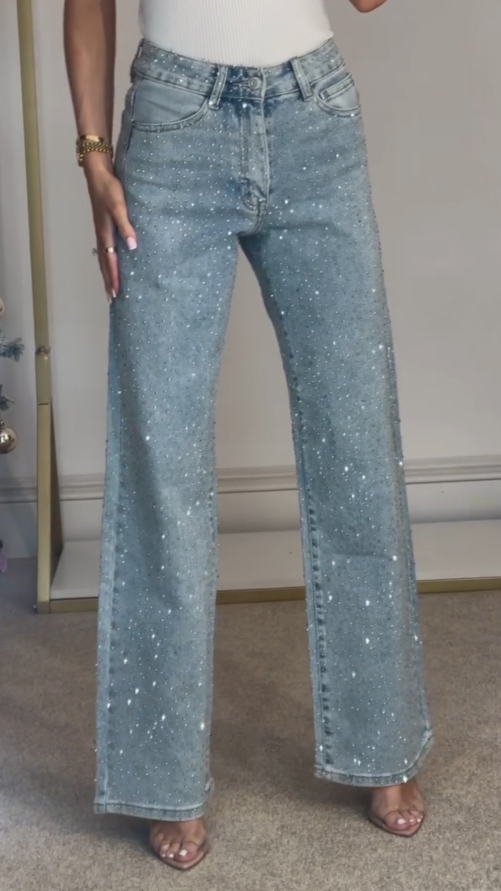 Ladies High Waisted Diamond Hot Stamping and Sparkling Casual Jeans