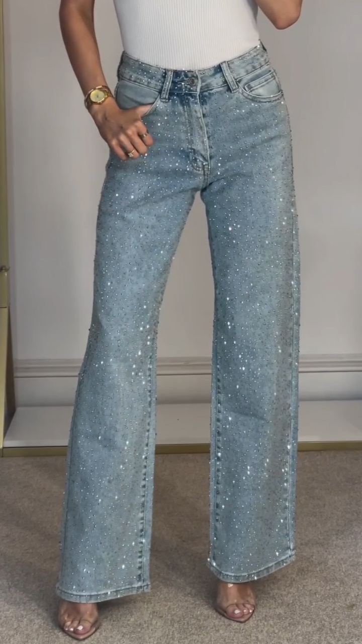 Ladies High Waisted Diamond Hot Stamping and Sparkling Casual Jeans