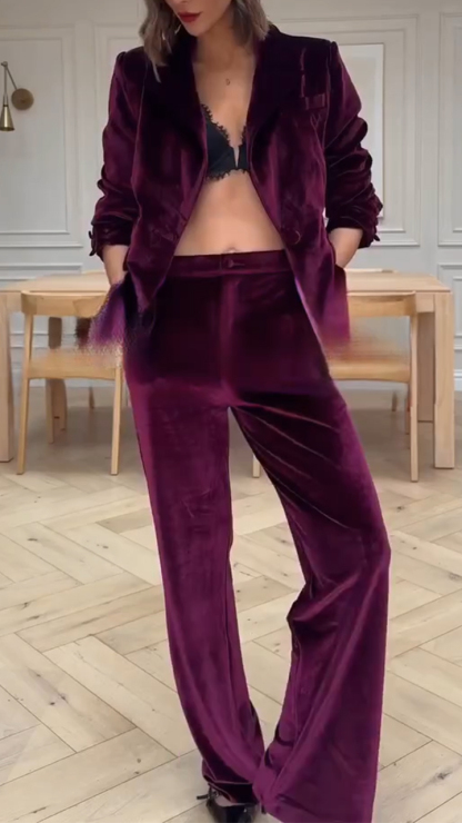 Women Collar Solid Color Velvet Temperament Commuting Suit