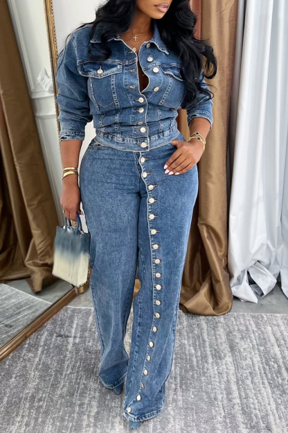 Women Collar and Buckle Splicing Casual Denim Suit