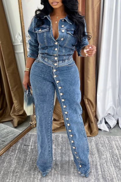 Women Collar and Buckle Splicing Casual Denim Suit