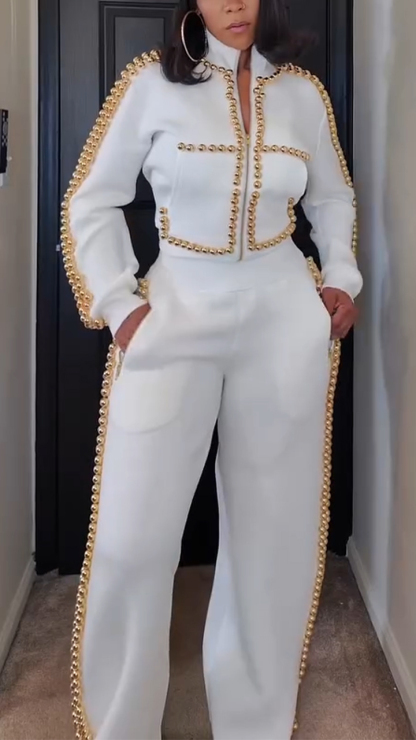 Women High Neck Round Bead Decorative Jacket+ Pants Temperament Casual Suit