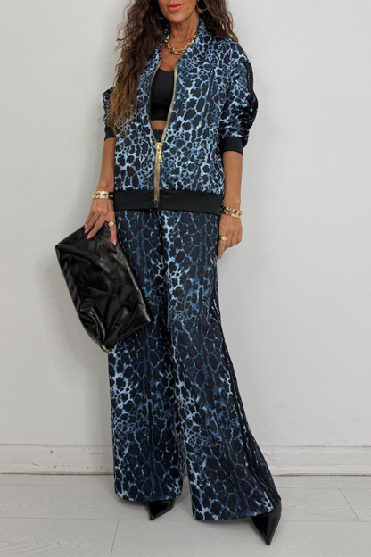 Women Collar Leopard Print Jacket+ Pants Casual Set