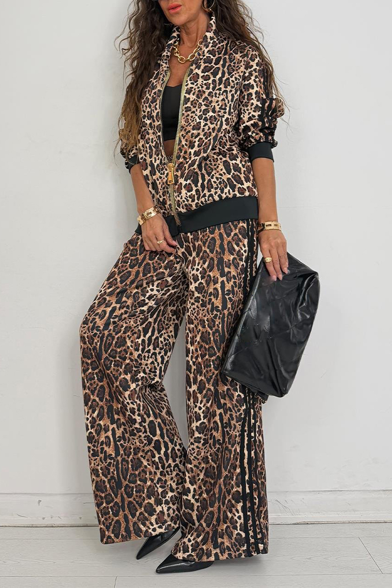 Women Collar Leopard Print Jacket+ Pants Casual Set