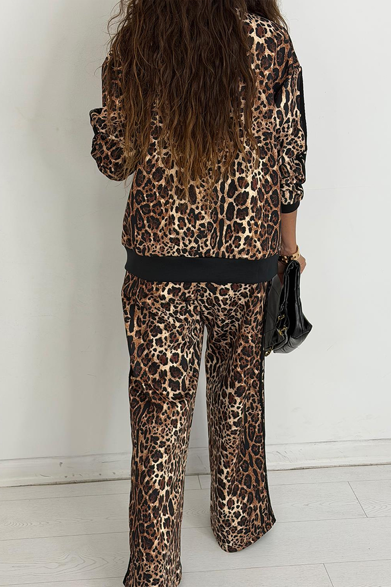 Women Collar Leopard Print Jacket+ Pants Casual Set