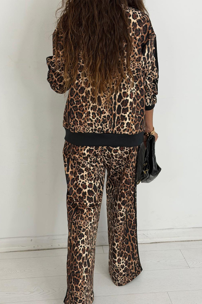 Women Collar Leopard Print Jacket+ Pants Casual Set