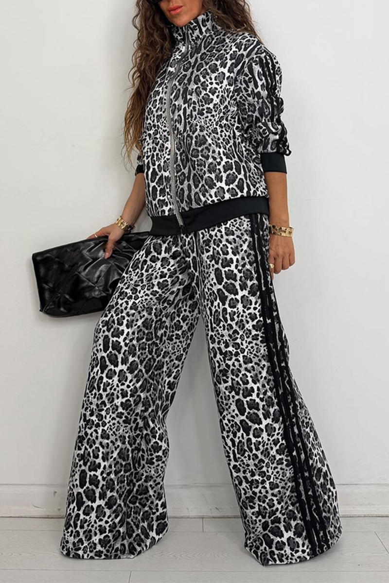 Women Collar Leopard Print Jacket+ Pants Casual Set