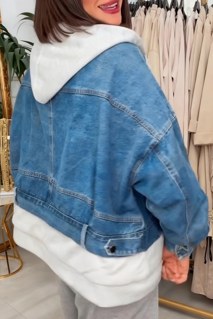 Women Hooded Patchwork Denim Casual Fake Two-piece Jacket