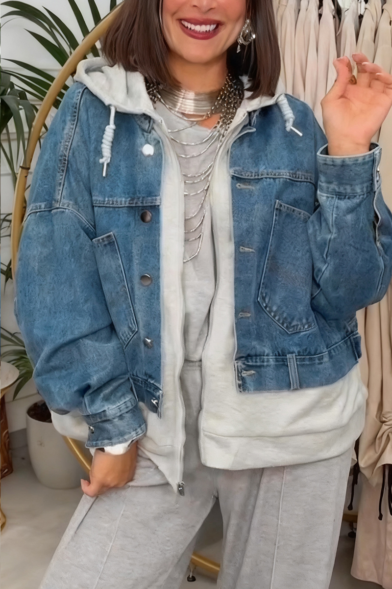Women Hooded Patchwork Denim Casual Fake Two-piece Jacket