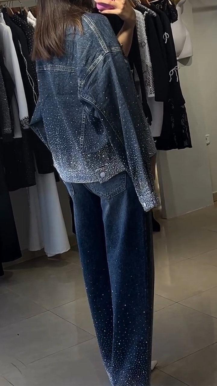 Women Collar Hot Diamond Jacket+ Pants Casual Denim Suit
