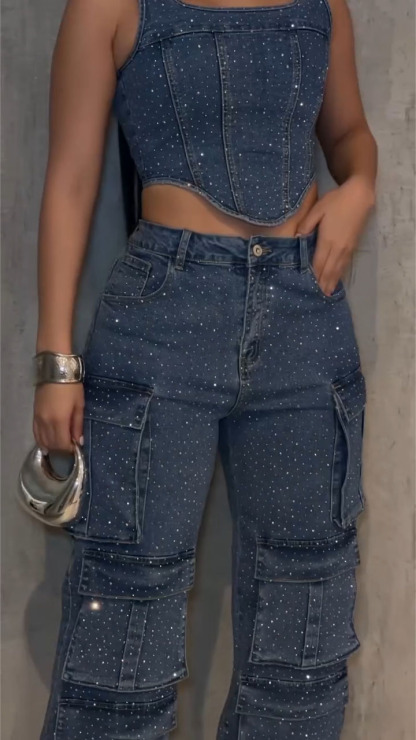 Women Irregular Hot Diamond Splicing Top+ Pants Casual Denim Set