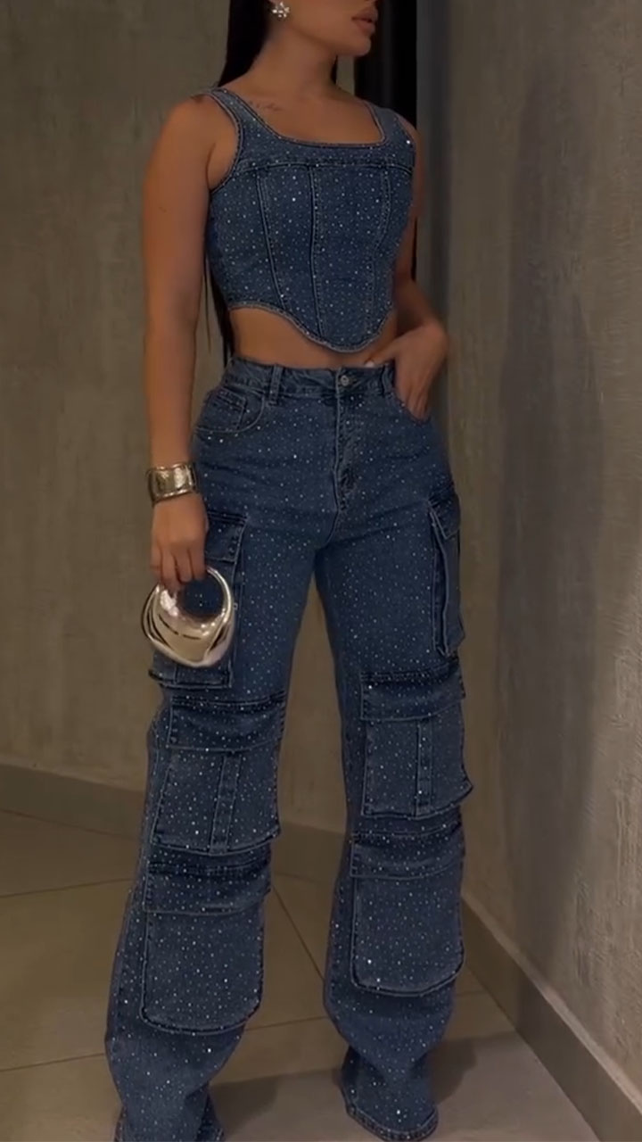 Women Irregular Hot Diamond Splicing Top+ Pants Casual Denim Set