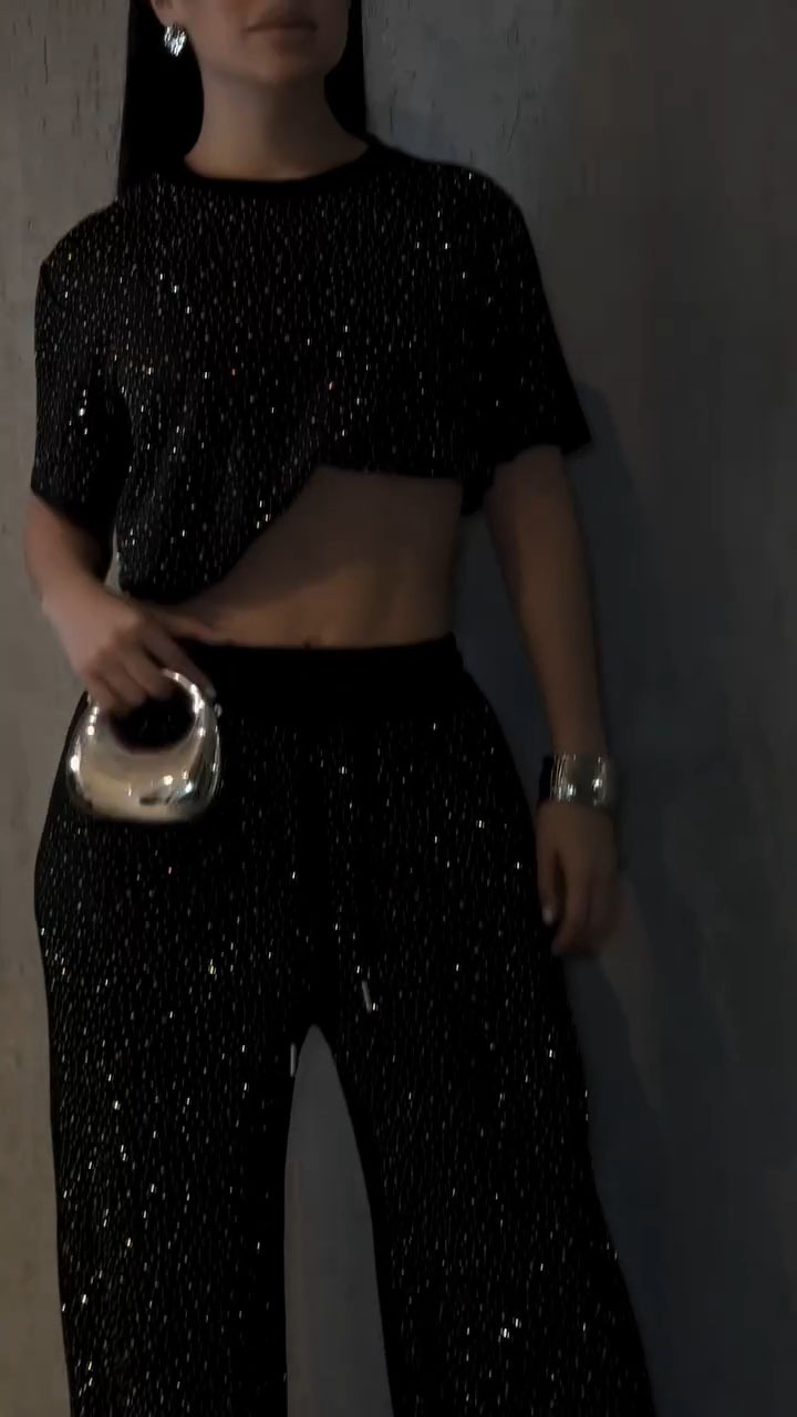 Women Round Neck Rhinestone Top+ Pants Casual Set