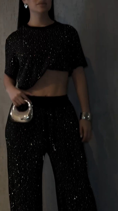 Women Round Neck Rhinestone Top+ Pants Casual Set