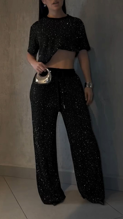 Women Round Neck Rhinestone Top+ Pants Casual Set