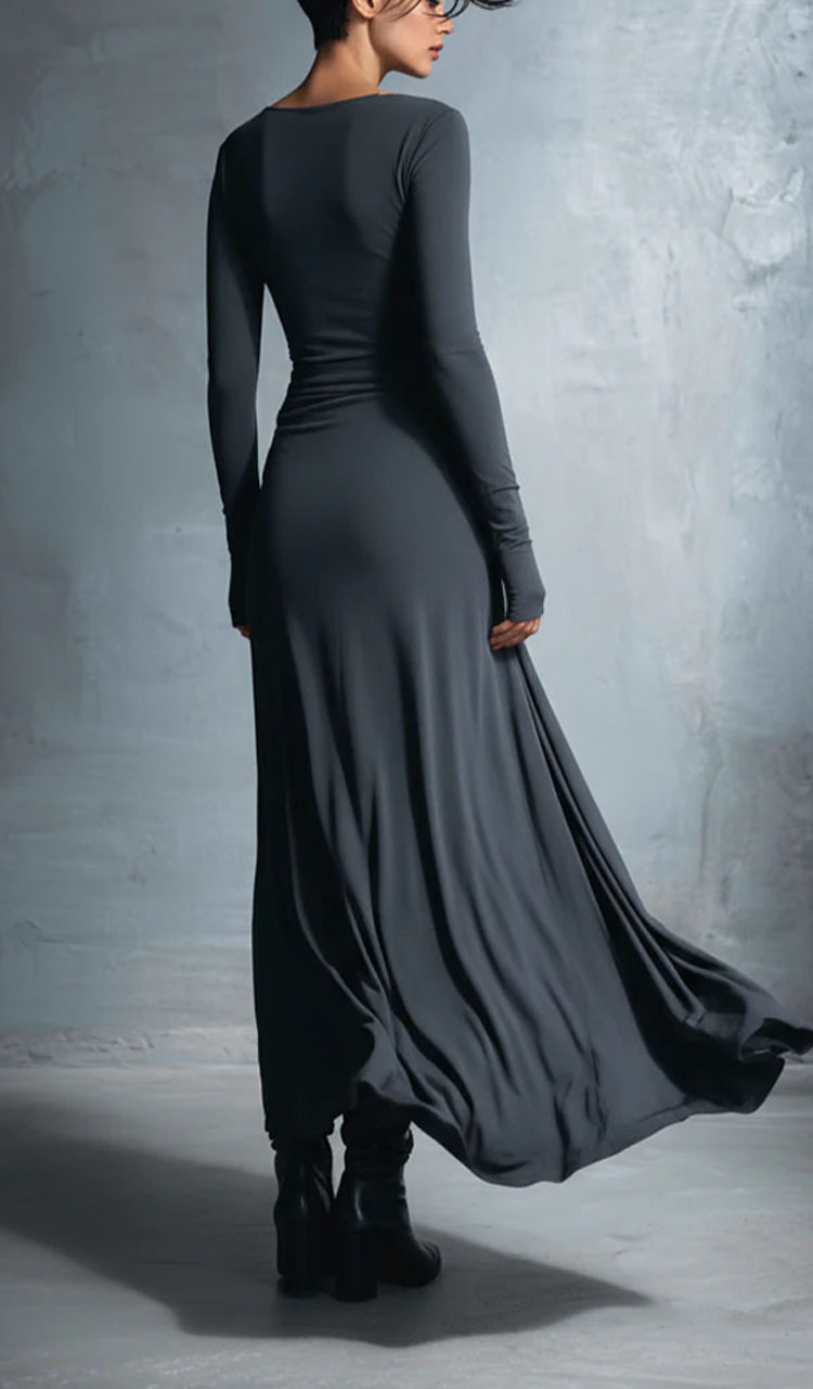 Women Round Neck Solid Color Elegant Temperament Dress